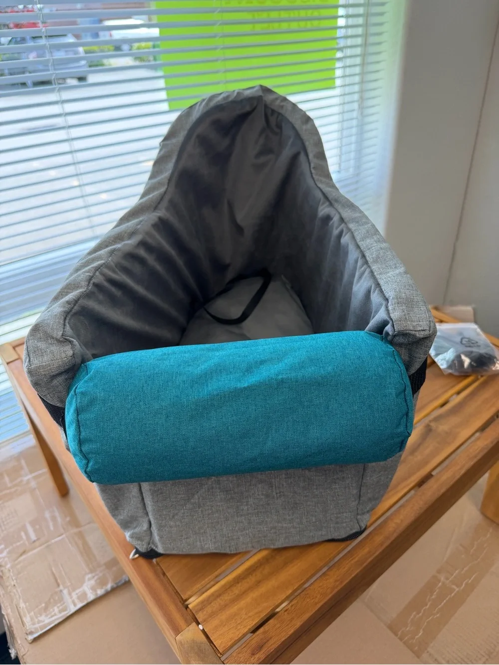 Gray Pet Car Booster Seat with Teal Pillow